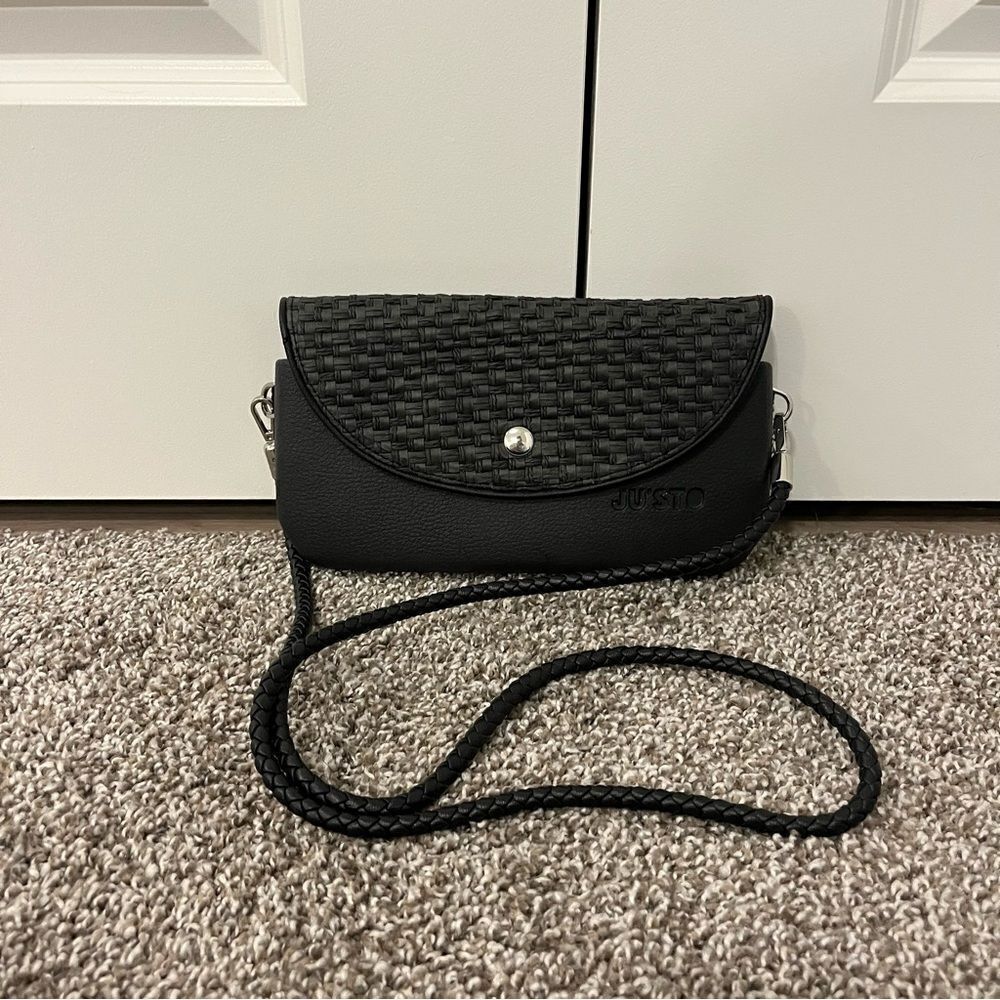 JU’STO Modular Black Woven crossbody flap bag